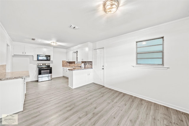 kitchen featuring white cabinets, electric range, light hardwood / wood-style flooring, and crown molding