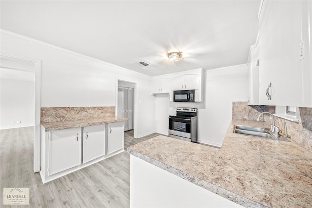 kitchen featuring stainless steel electric stove, white cabinets, light wood-type flooring, and sink