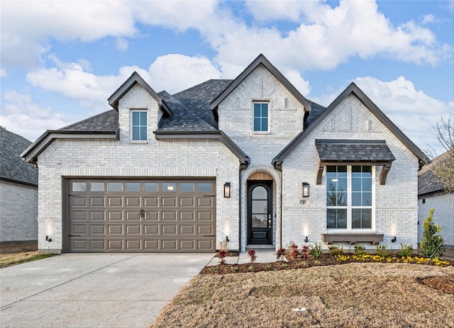 french country inspired facade with concrete driveway, a garage, brick siding, and roof with shingles