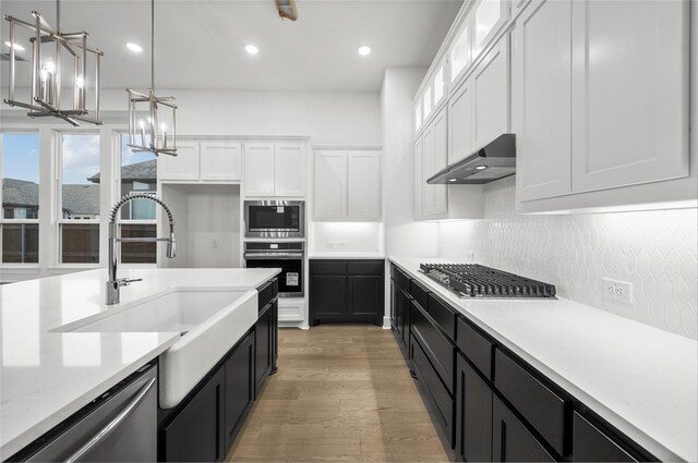 kitchen with under cabinet range hood, a sink, white cabinetry, stainless steel appliances, and dark cabinets