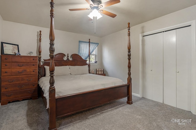 carpeted bedroom featuring a closet and ceiling fan