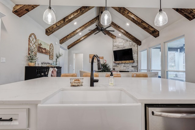 kitchen with stainless steel dishwasher, hanging light fixtures, and sink