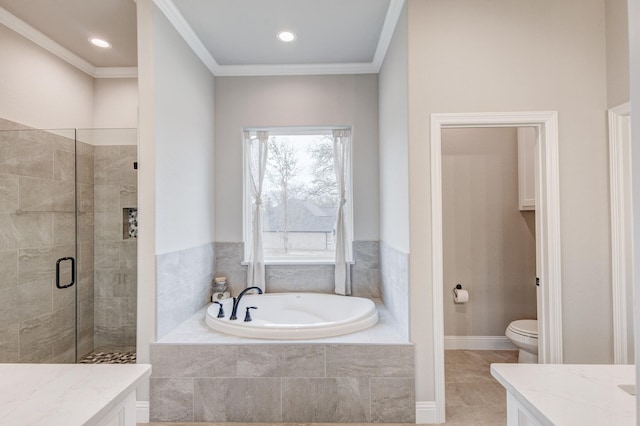 full bathroom with vanity, toilet, ornamental molding, and separate shower and tub