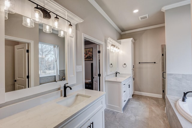 bathroom featuring plus walk in shower, vanity, and ornamental molding