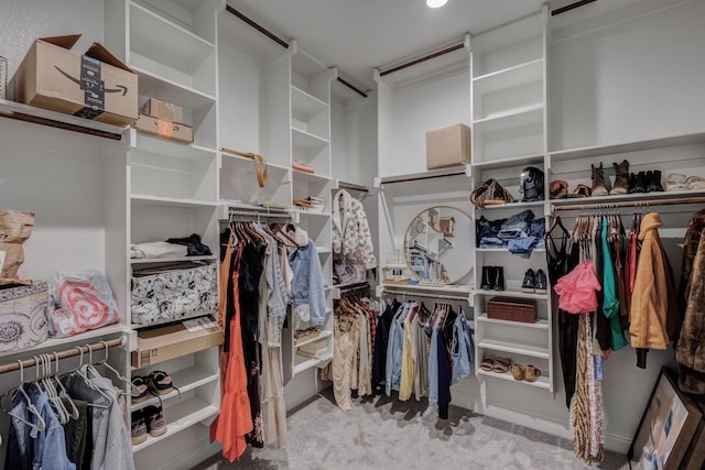 walk in closet with light colored carpet