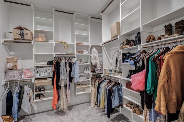 walk in closet with light carpet