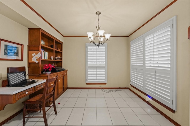 office with crown molding, light tile patterned flooring, and a notable chandelier