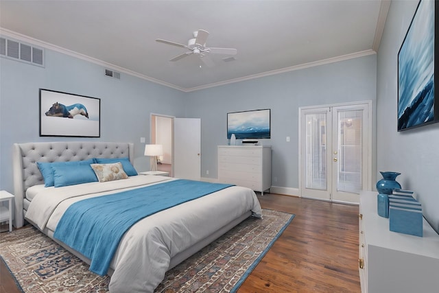 bedroom with french doors, dark hardwood / wood-style floors, access to outside, ceiling fan, and crown molding