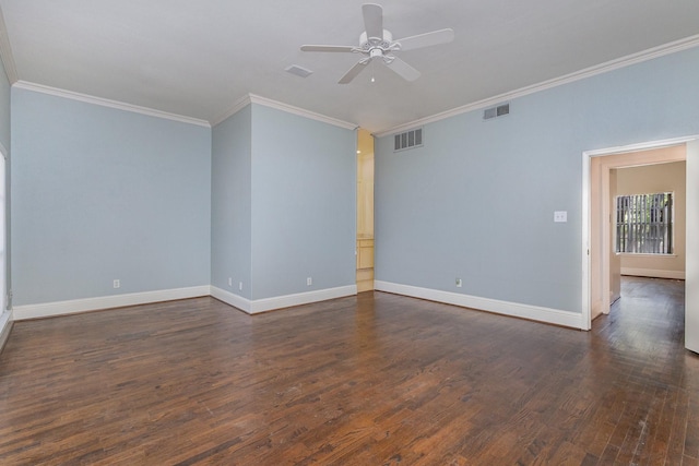 spare room with ceiling fan, dark hardwood / wood-style flooring, and crown molding