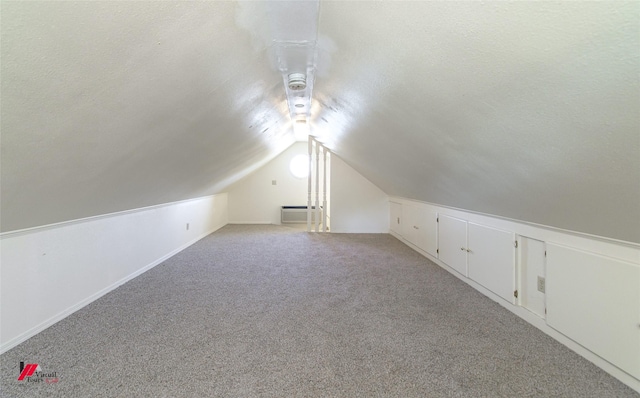 additional living space featuring a textured ceiling, light colored carpet, and vaulted ceiling