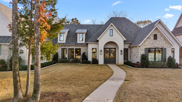 french country style house with a front yard and french doors