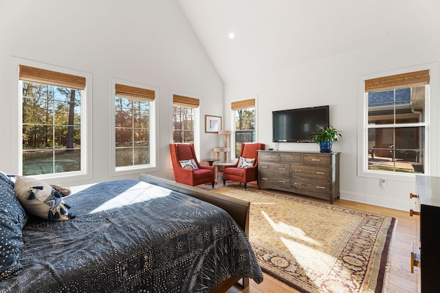 bedroom featuring light hardwood / wood-style floors and high vaulted ceiling