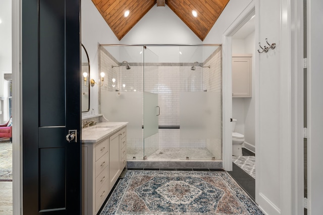 bathroom featuring an enclosed shower, wood ceiling, vanity, lofted ceiling with beams, and toilet