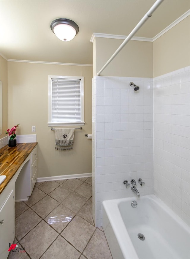 full bathroom with shower / tub combination, tile patterned flooring, vanity, and crown molding