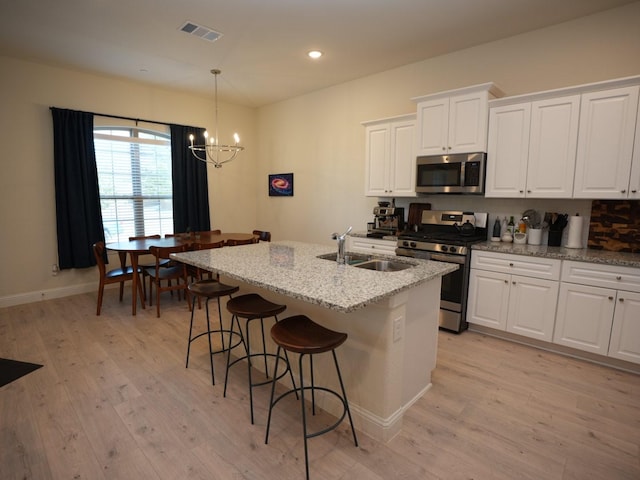 kitchen featuring sink, white cabinetry, an island with sink, stainless steel appliances, and light stone countertops