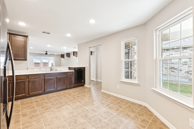 kitchen with plenty of natural light, dishwasher, sink, and stainless steel refrigerator