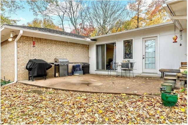 rear view of house featuring brick siding and a patio