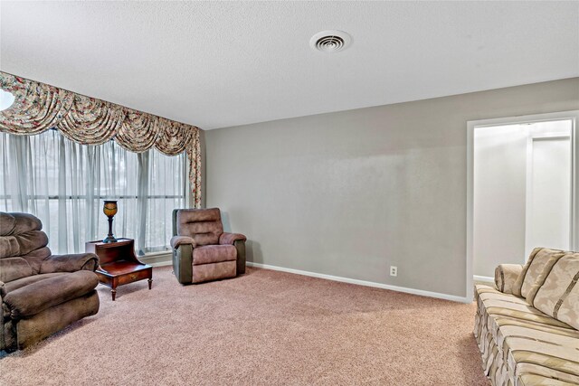 living room with a textured ceiling and light colored carpet