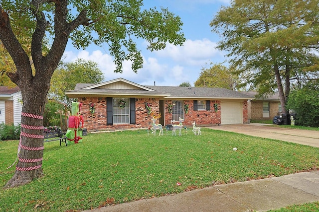 ranch-style house featuring a garage and a front lawn