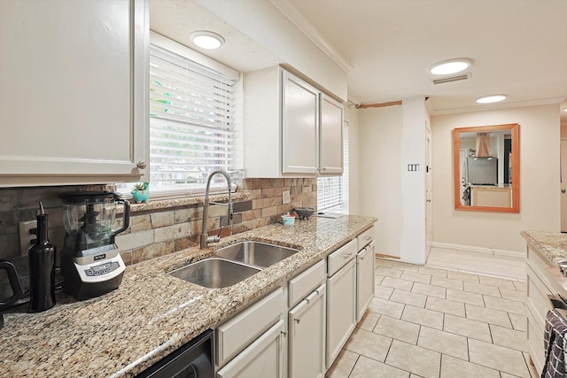 kitchen featuring white cabinetry, light stone countertops, sink, and tasteful backsplash