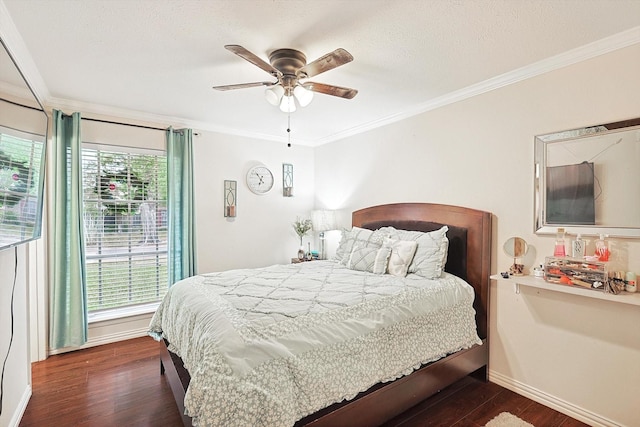 bedroom with crown molding, ceiling fan, and dark wood-type flooring