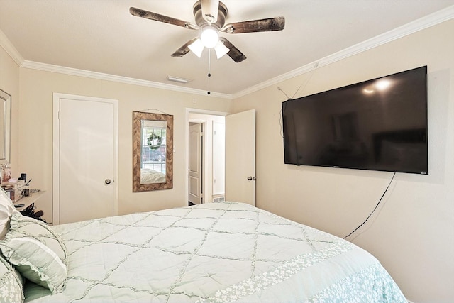 bedroom featuring ceiling fan and ornamental molding