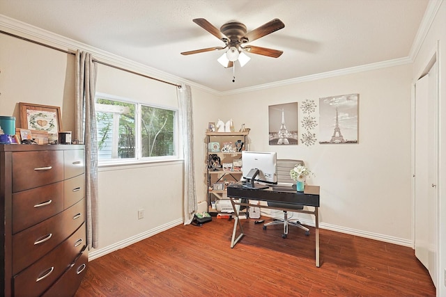 home office featuring crown molding, dark hardwood / wood-style flooring, and ceiling fan