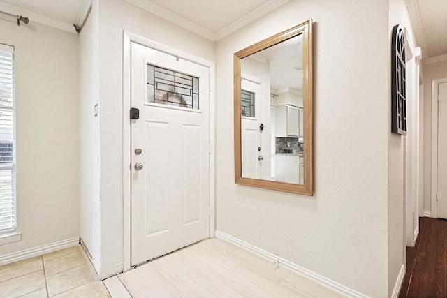 interior space with light wood-type flooring and ornamental molding