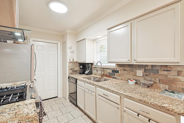 kitchen featuring light stone countertops, ornamental molding, sink, black dishwasher, and stainless steel refrigerator