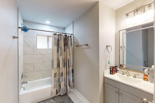 bathroom with tile patterned floors, vanity, and shower / bathtub combination with curtain