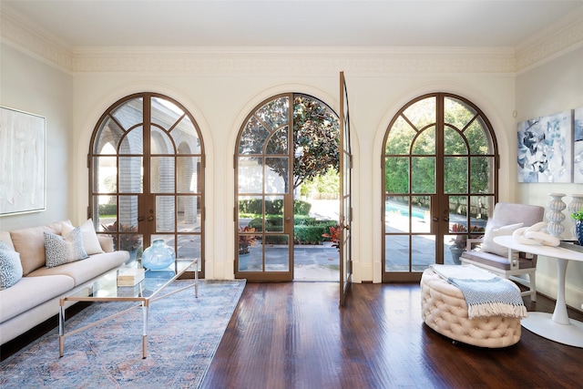 living room with dark hardwood / wood-style floors, crown molding, and french doors