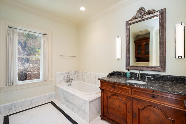 bathroom featuring vanity, tiled bath, tile patterned floors, and crown molding