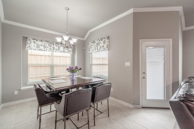 dining room with lofted ceiling, ornamental molding, light tile patterned floors, and a notable chandelier