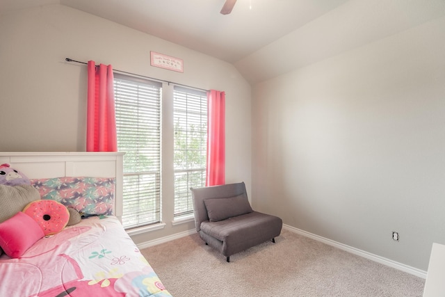 carpeted bedroom with lofted ceiling and ceiling fan