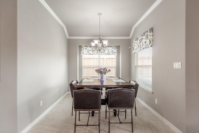 tiled dining room with an inviting chandelier, crown molding, and vaulted ceiling