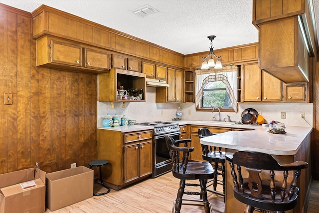 kitchen with sink, hanging light fixtures, wooden walls, light wood-type flooring, and range