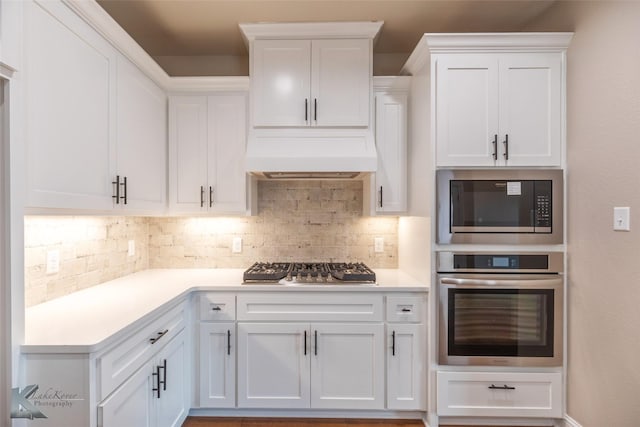 kitchen with white cabinetry, stainless steel appliances, and custom exhaust hood