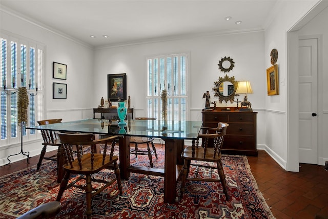 1316 Preston Dr, Sherman, TX 75092 - dining space featuring brick floors, crown molding, and recessed lighting