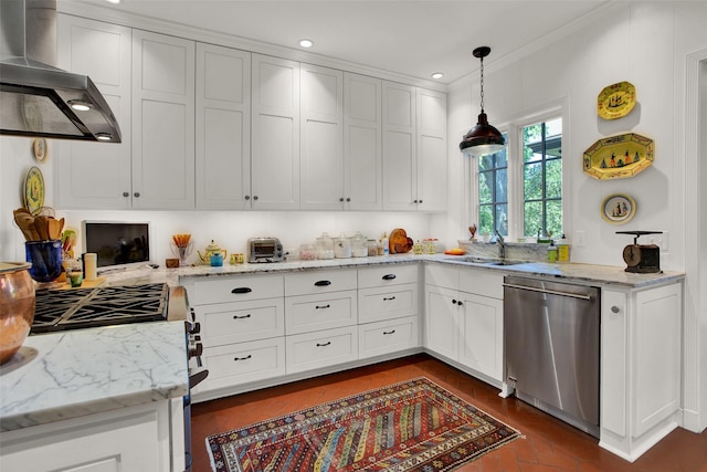 kitchen featuring white cabinets, wall chimney exhaust hood, stainless steel appliances, and ornamental molding