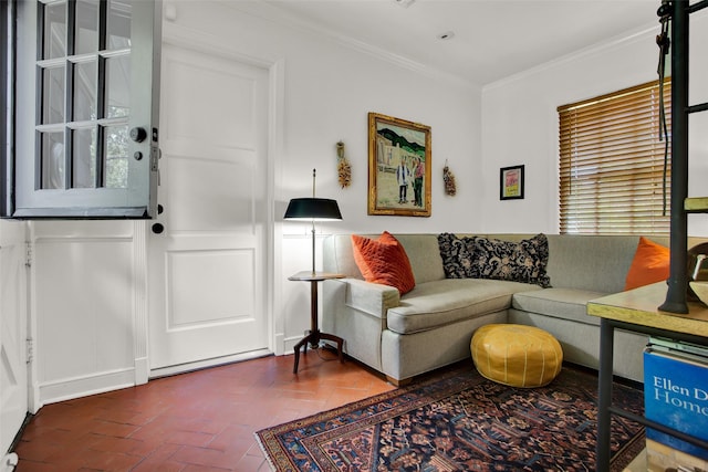 1316 Preston Dr, Sherman, TX 75092 - living area with crown molding, brick floors, a decorative wall, and a wainscoted wall