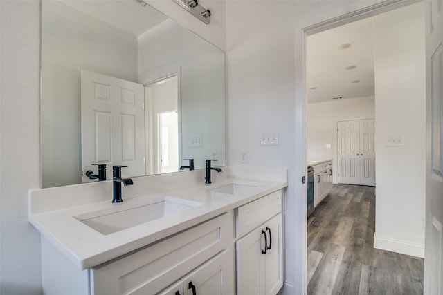 bathroom with wood-type flooring and vanity