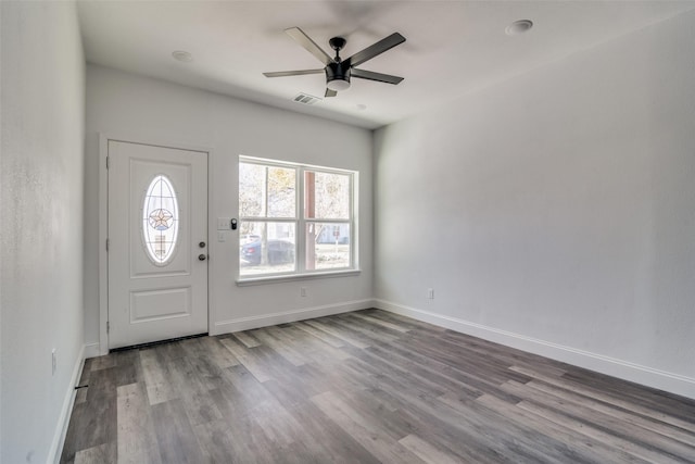 entrance foyer featuring ceiling fan and light hardwood / wood-style floors