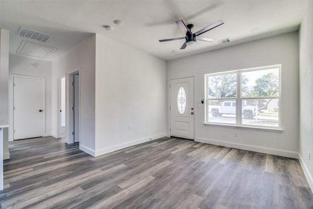 foyer entrance featuring hardwood / wood-style flooring and ceiling fan