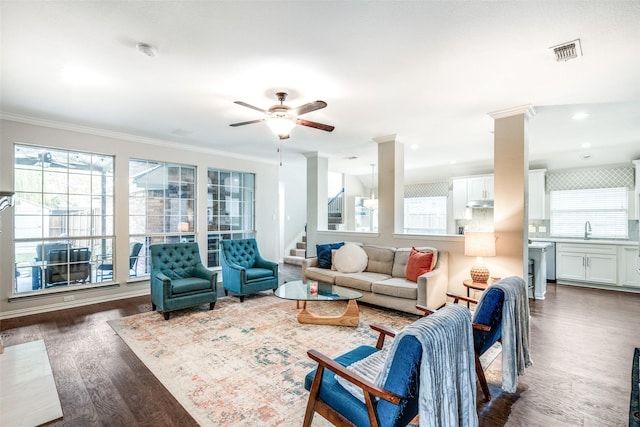 living room with dark hardwood / wood-style floors, ceiling fan, ornamental molding, and sink