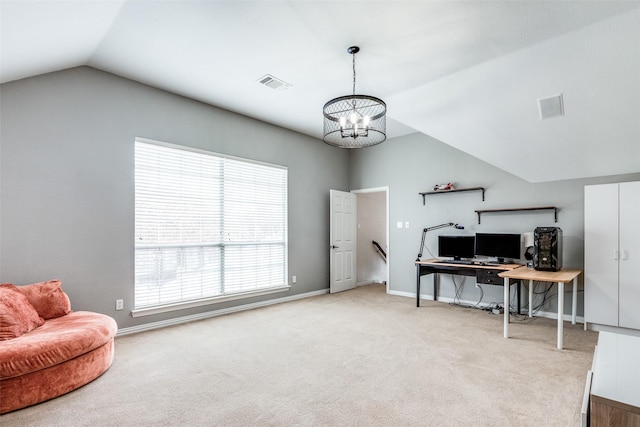 office area featuring a notable chandelier, light carpet, and vaulted ceiling