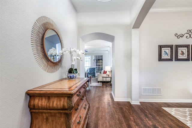 hall featuring ornamental molding and dark wood-type flooring