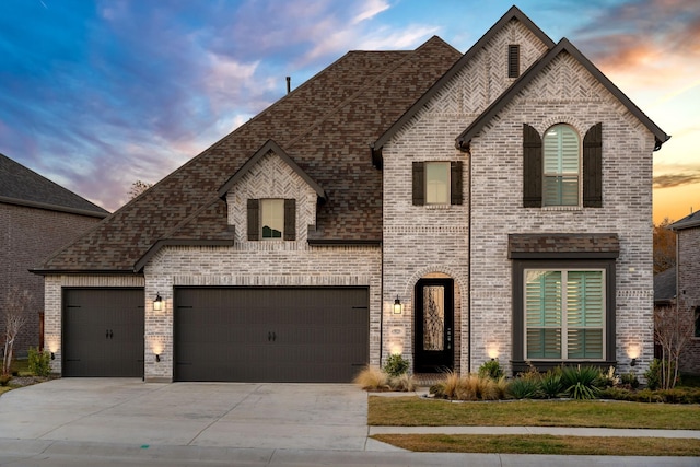 french country inspired facade featuring a garage