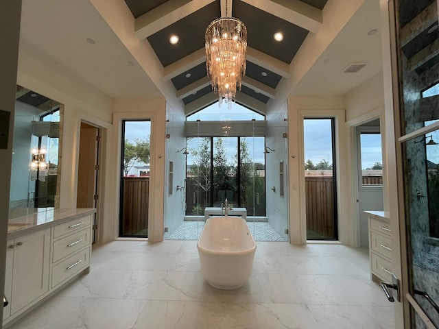 bathroom with plus walk in shower, beamed ceiling, high vaulted ceiling, a notable chandelier, and vanity