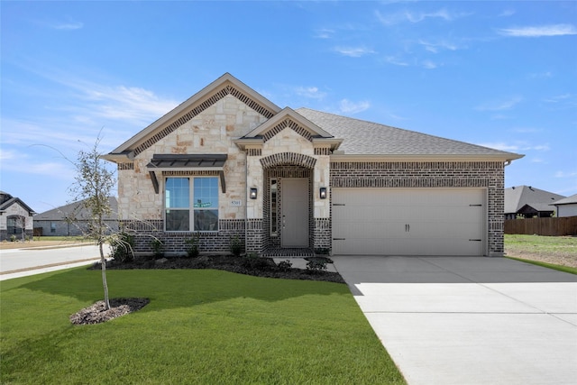 french provincial home featuring stone siding, a front yard, brick siding, and driveway