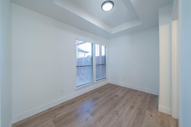 spare room featuring a raised ceiling and light hardwood / wood-style flooring